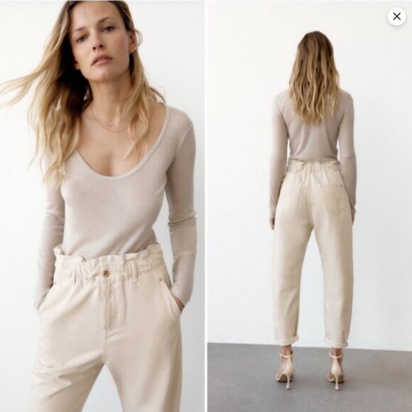 ZARA High Waist Baggy Fit Paper Bag Carrot Leg Ankle Rigid Womens 6 Ivory - Picture 2 of 15